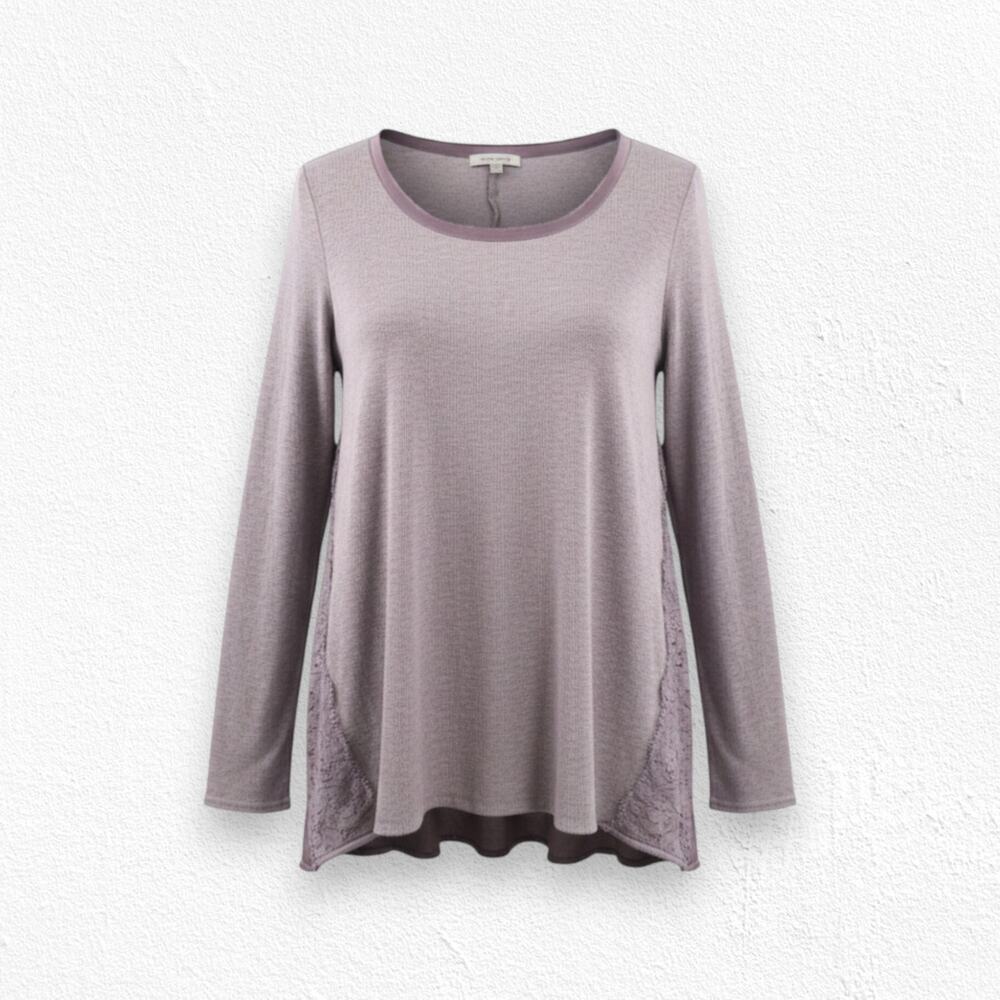 Bordeaux Mauve Lace Trim Long Sleeve Babydoll Knit Round Neck Top Size XS